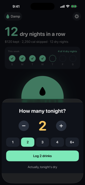 Damp drinks log sheet asking How many tonight, with 2 selected and a Log 2 drinks button